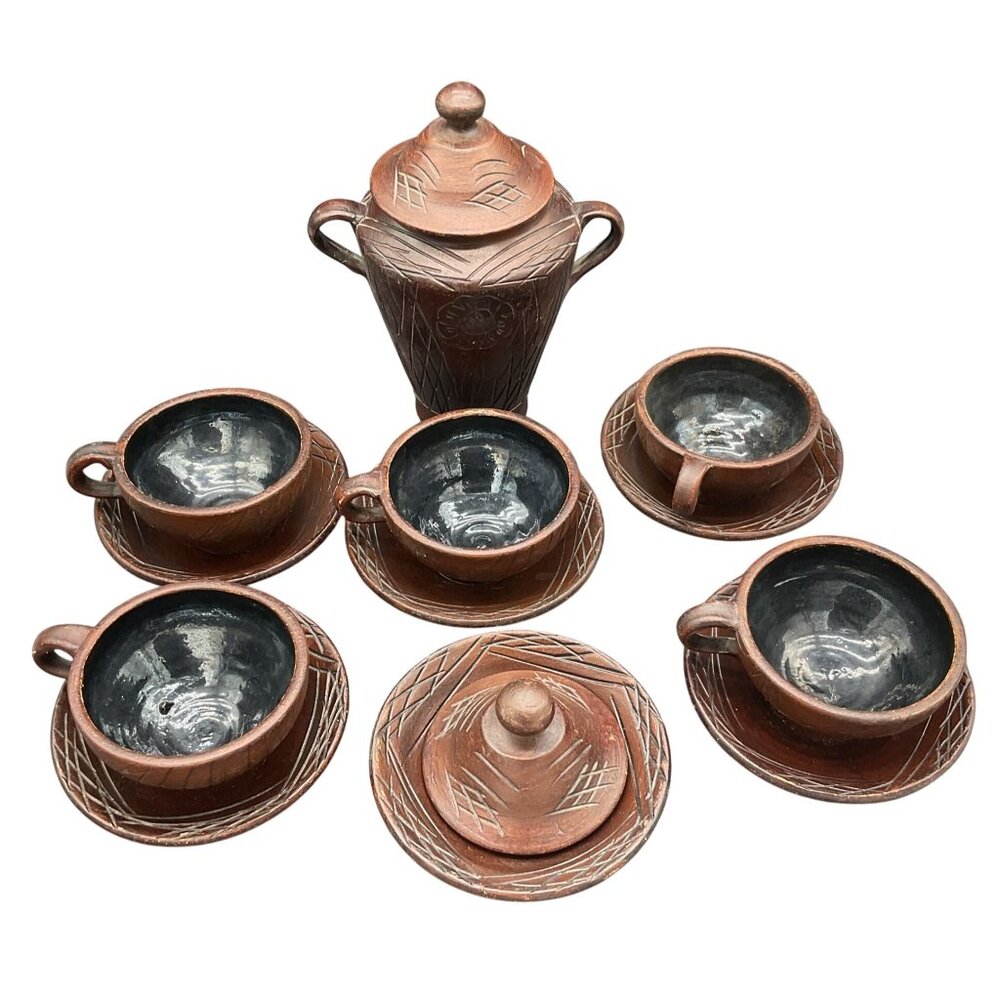 Vintage Yixing Zisha Style Urn Decanter Jar & Tea Cup & Saucer Set Ceramic